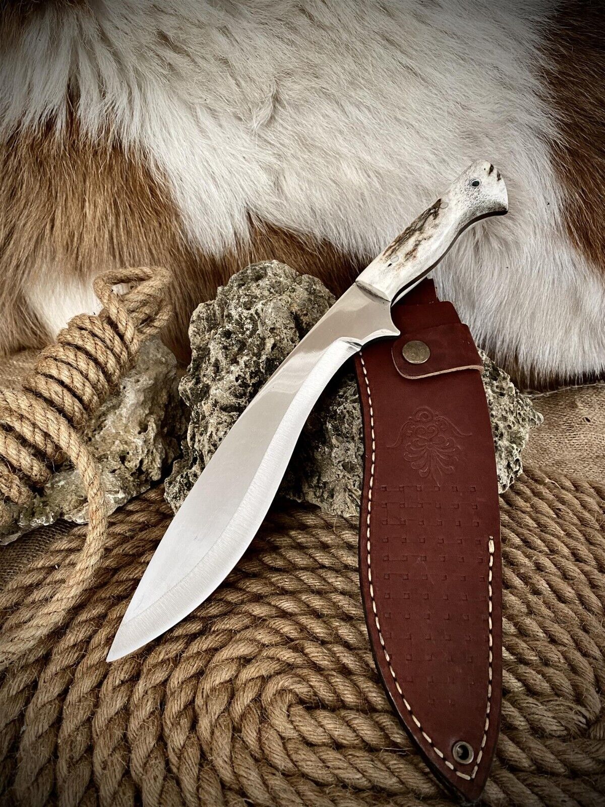 Handmade Large Camper Hunting Knife,Bushcraft knife,fishing knife,deer antler