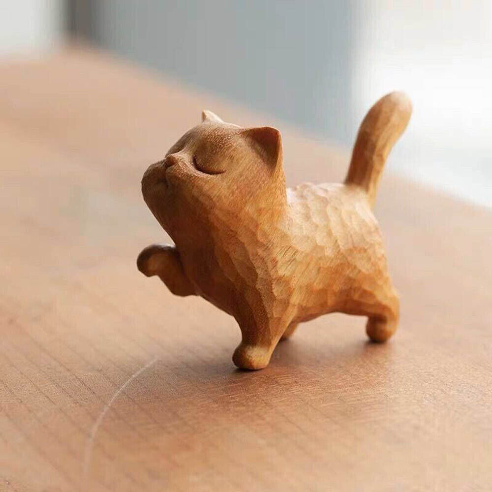 A tsundere cat -- Wooden Statue animal Carving Wood Figure Decor Children Gift S