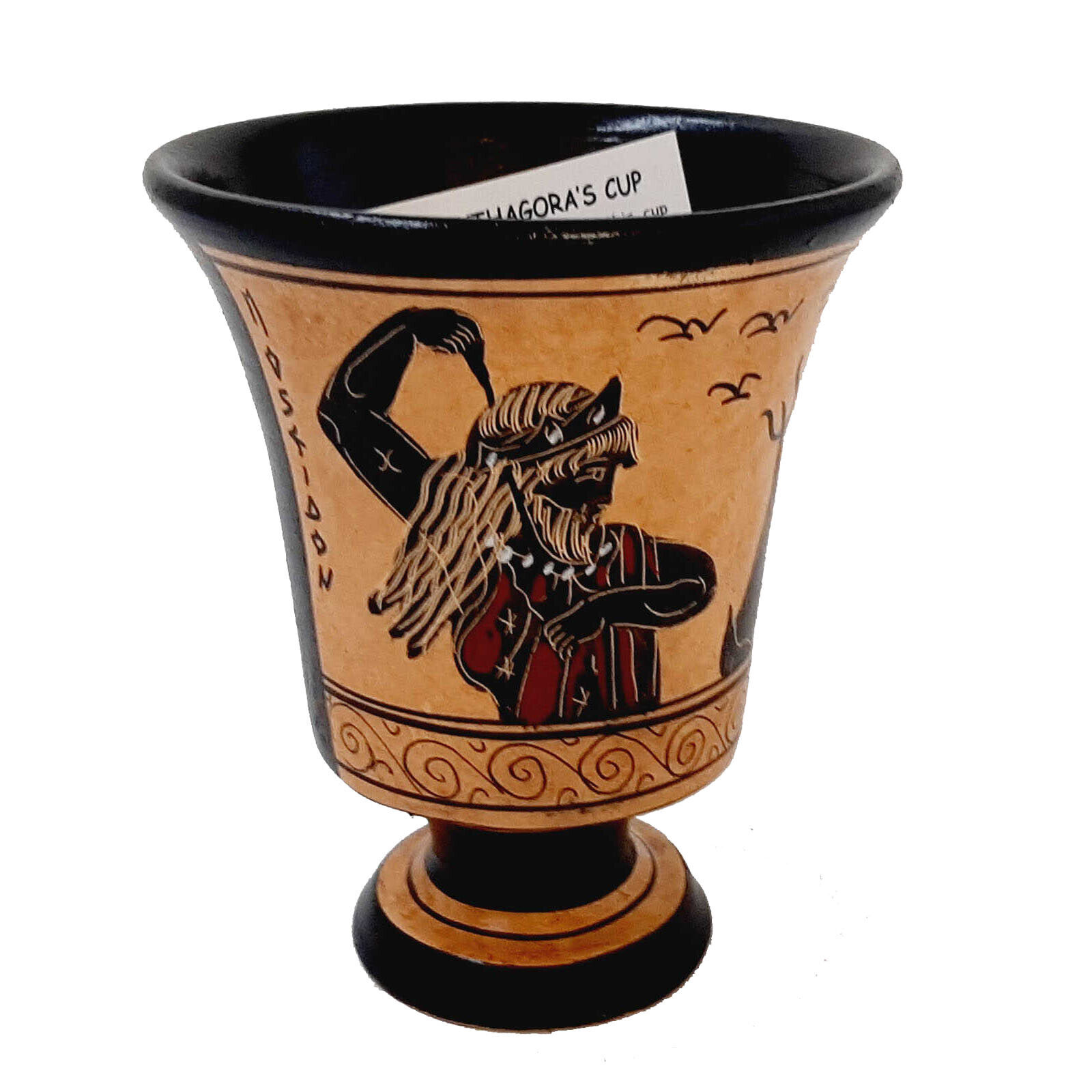 Pythagorean cup,Greedy Cup 11cm,Black Figure Pottery, shows God Poseidon
