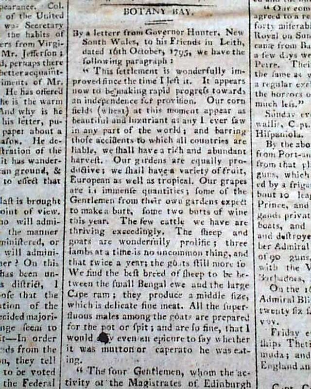 Rare Title BOTANY BAY New South Wales Australia PENAL COLONY 1796 U.S. Newspaper