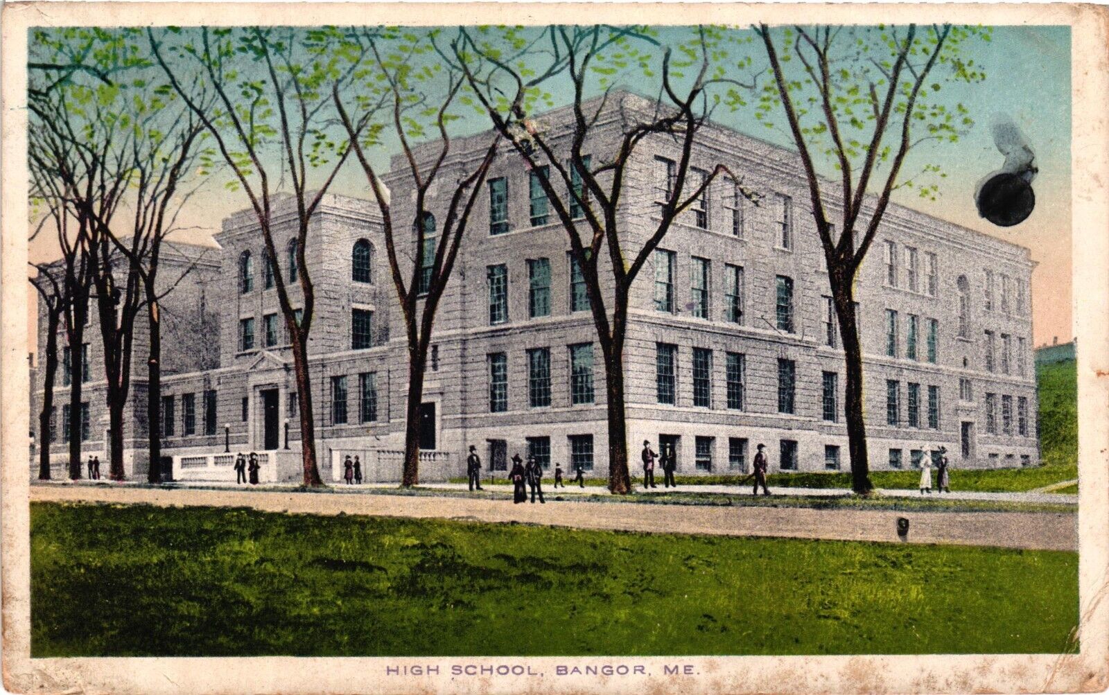 1914 high School Building Bangor Maine Vintage Postcard Posted Exterior View