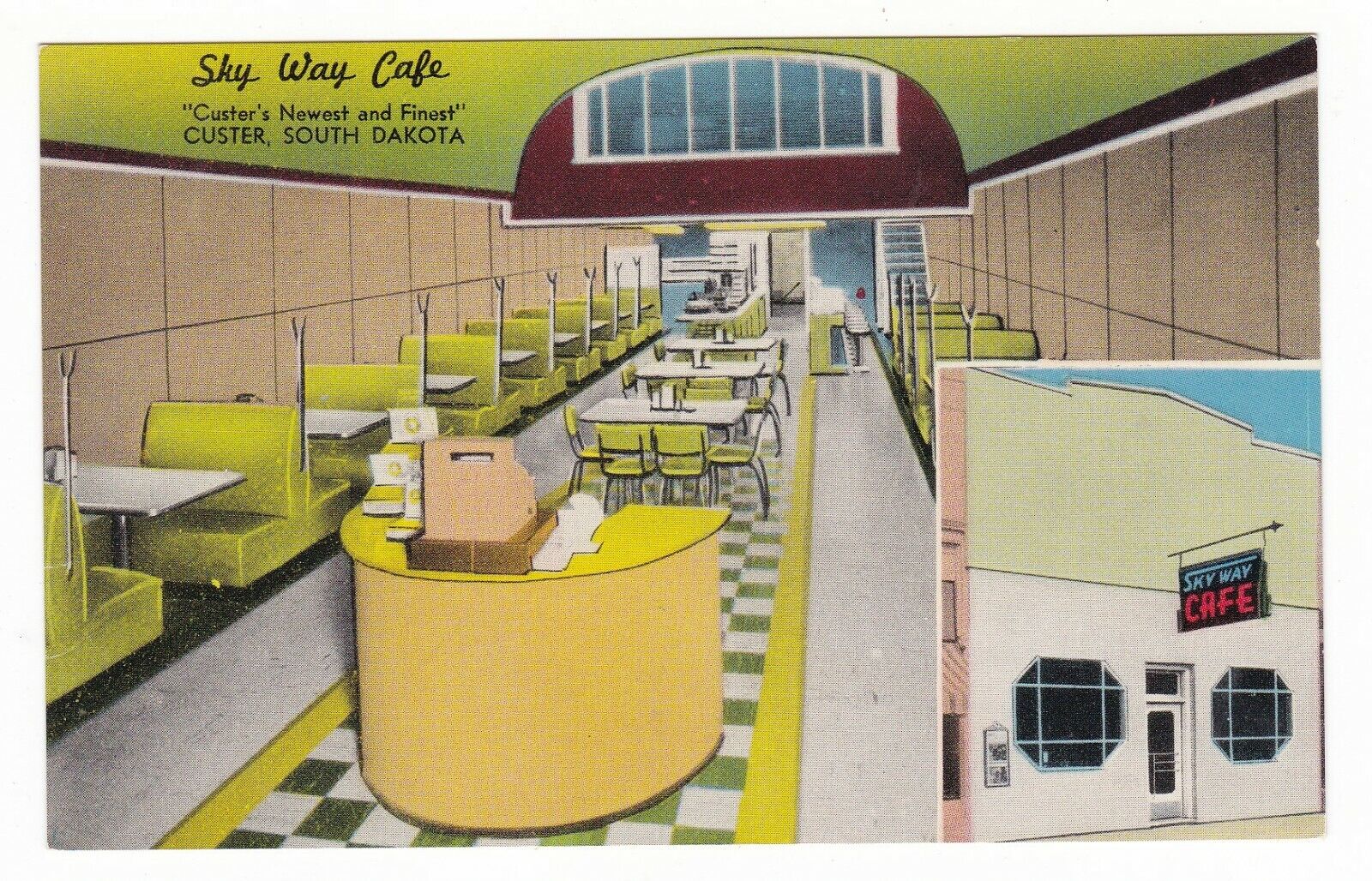 1967 CUSTER SOUTH DAKOTA SKY WAY CAFE INTERIOR BOOTHS VINTAGE POSTCARD SD OLD 