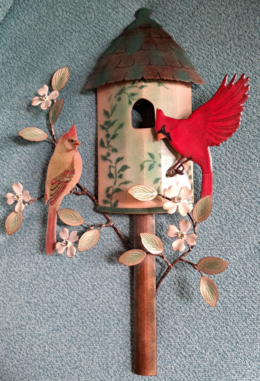 Vintage Bovano of Cheshire Large Enamel Copper Wall Art Cardinal Bird House