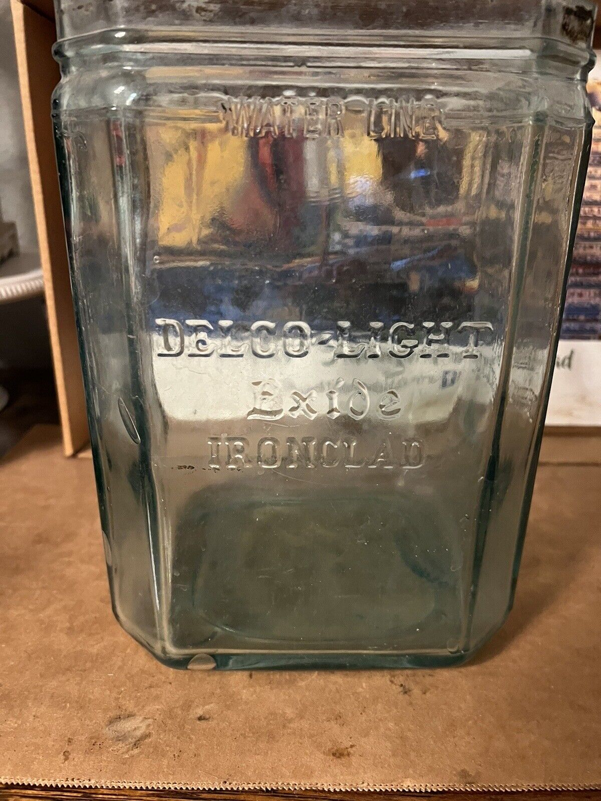 EXIDE Delco light ironclad Industrial Antique USA Clear-green Glass Battery Jar