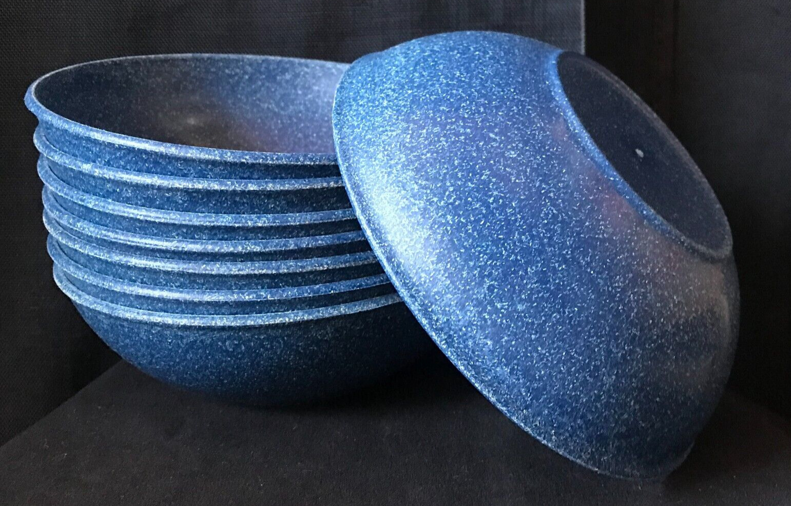 8 EVO Bowls Cereal Salad Soup Blue Speckled Plastic Polymer Vintage