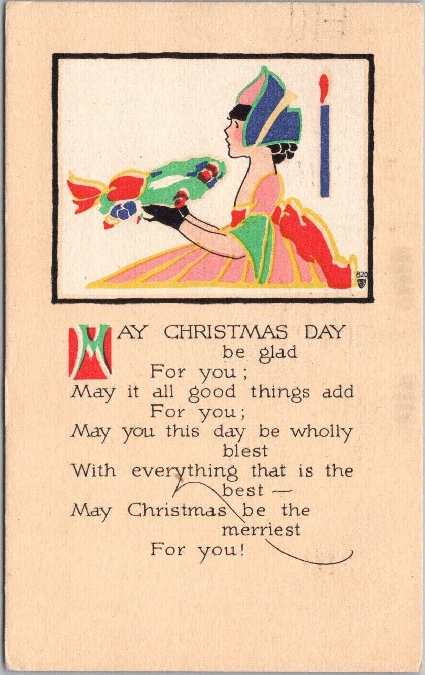 Vintage 1917 MERRY CHRISTMAS / Art Deco Greetings Postcard  P.F. Volland Co.