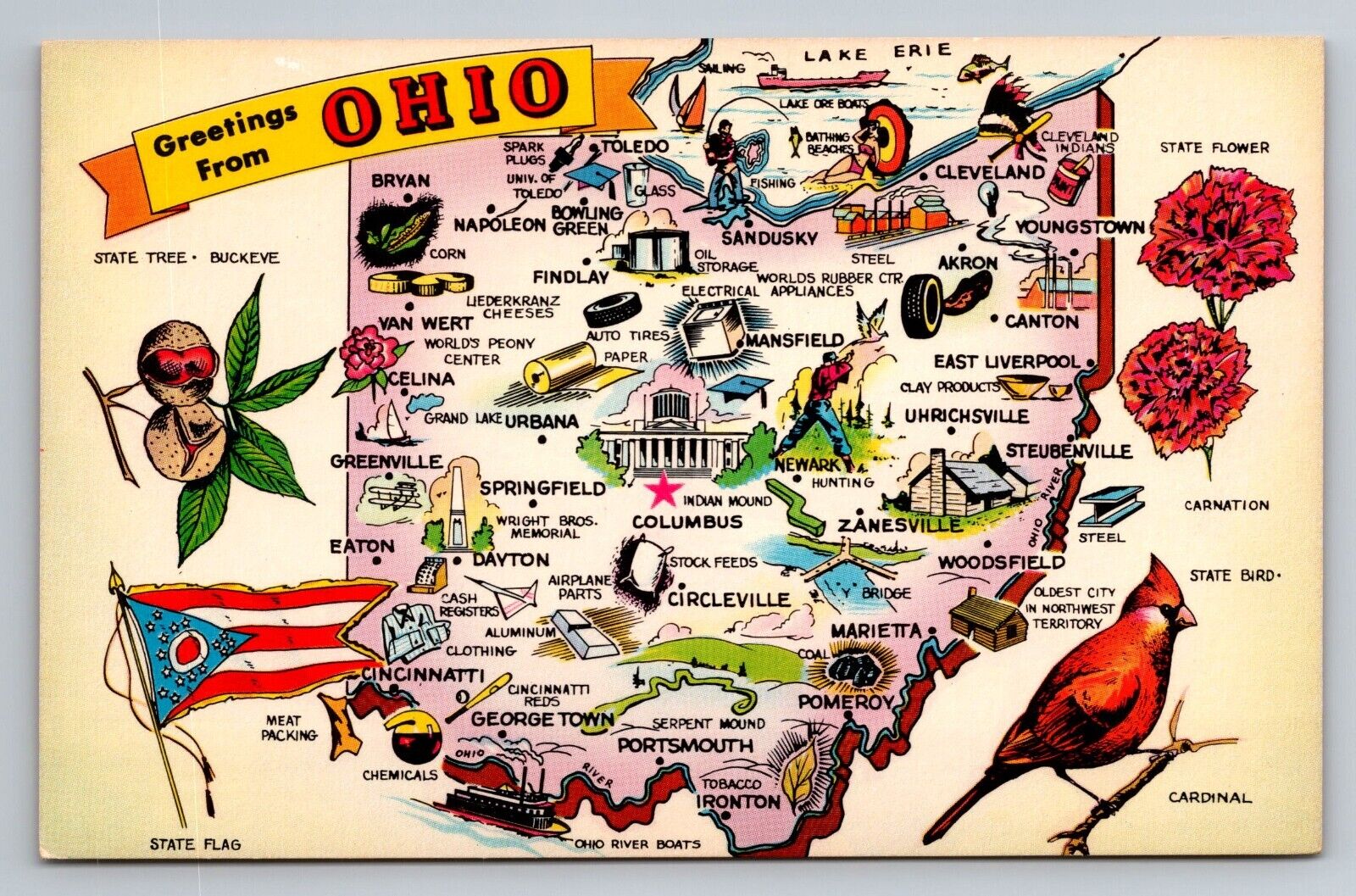 Greetings From Ohio Map Of Attractions Vintage Unposted Postcard