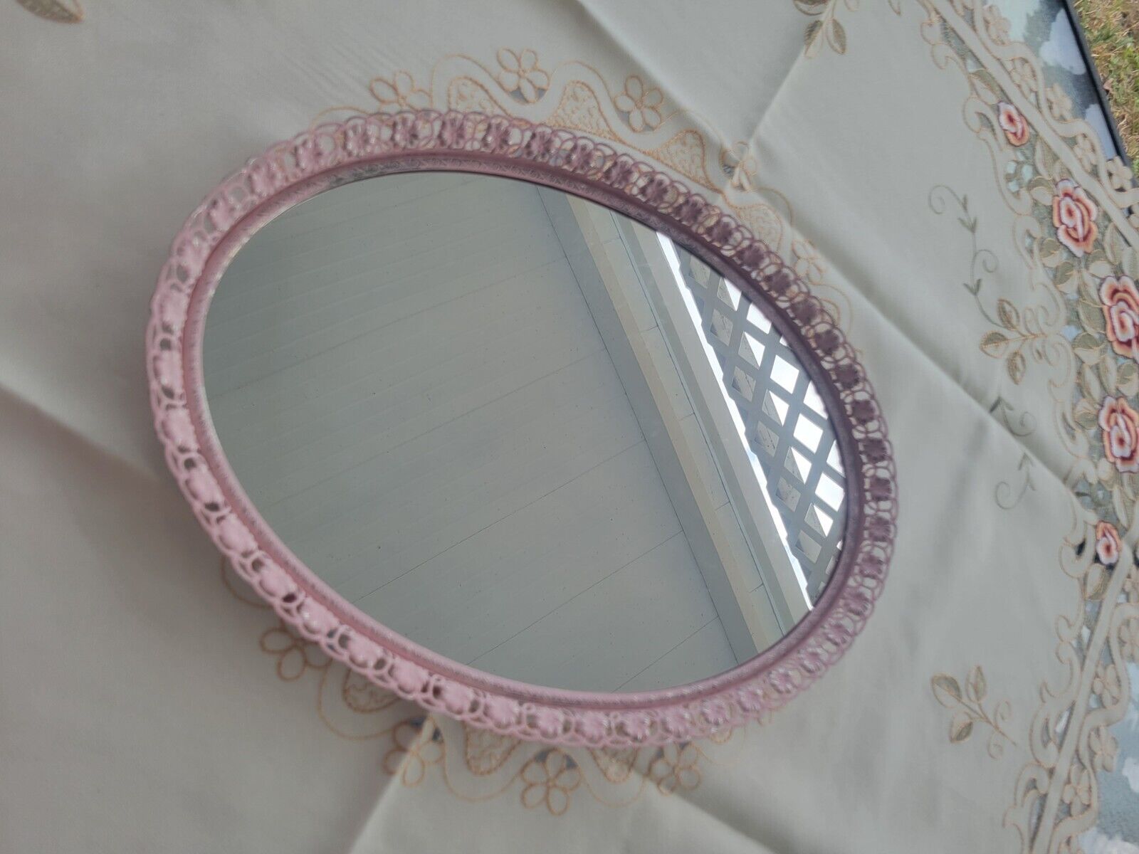 VTG Oval Vanity Mirror Tray Upcycled Metal Filigree Ballet Pink Paint on Silver 