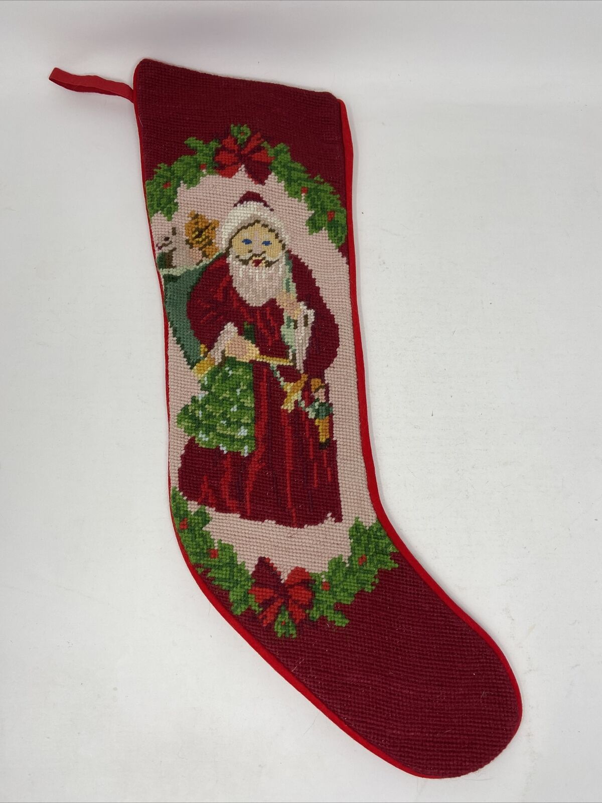 Vtg Old Time Santa Claus Christmas Stocking Needlepoint Hand Crafted Handmade