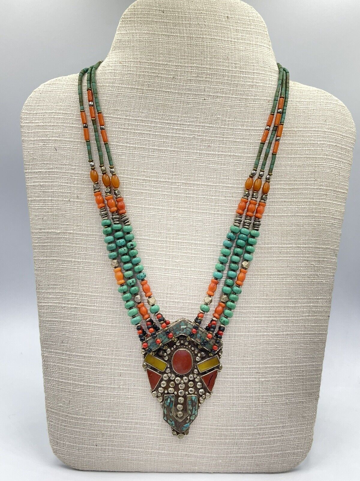 Amazing Handmade Tibetan Old Necklace With Natural Turquoise Coral & Amber Stone