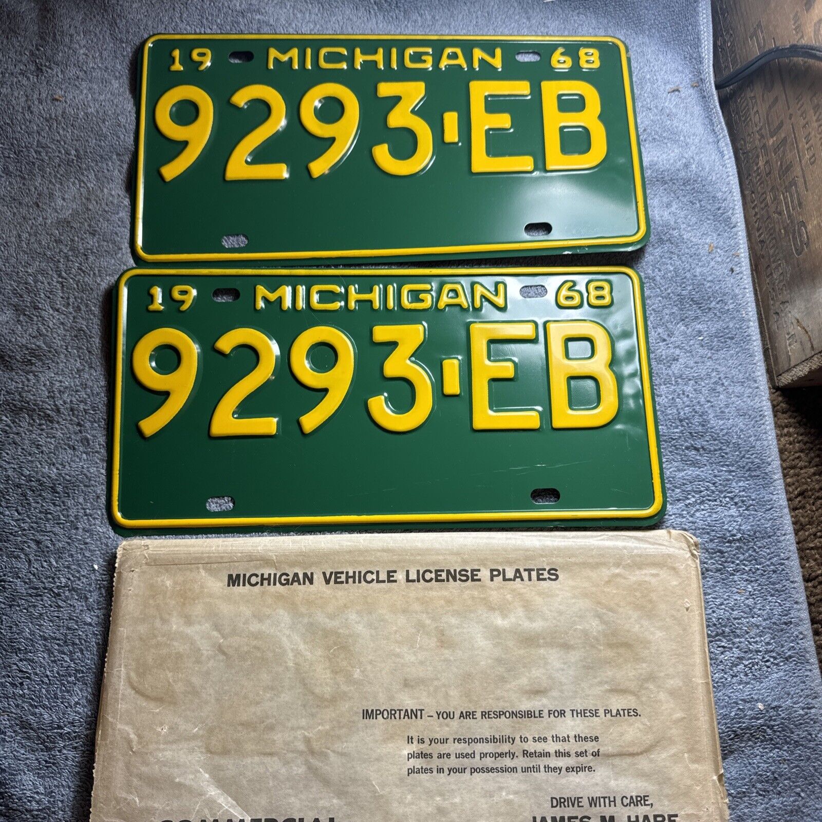 1968 Michigan Commercial License Plate Pair 9293-EB NOS