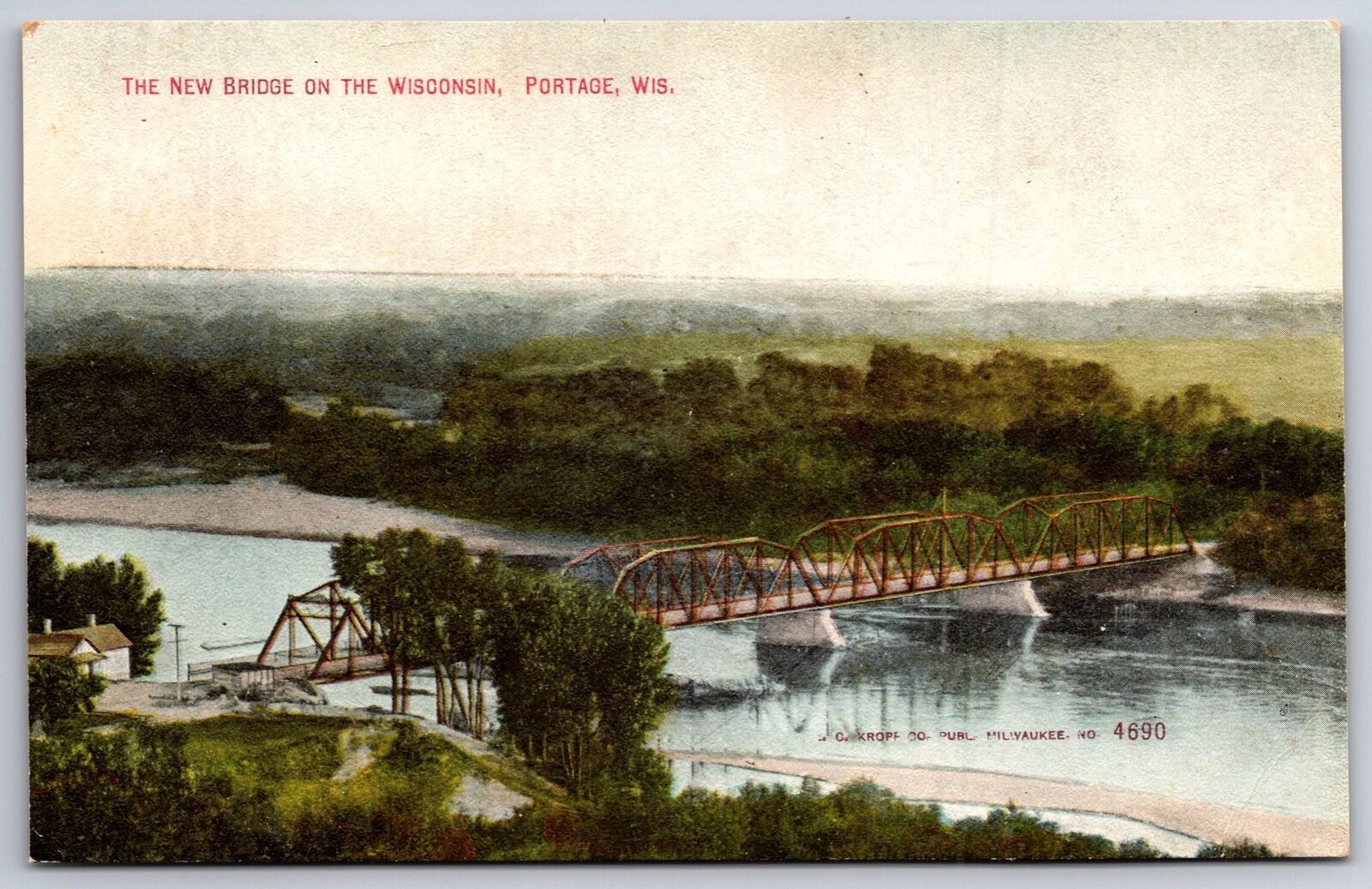 Portage WI~Birdseye Wisconsin River Bridge~c1910 Postcard