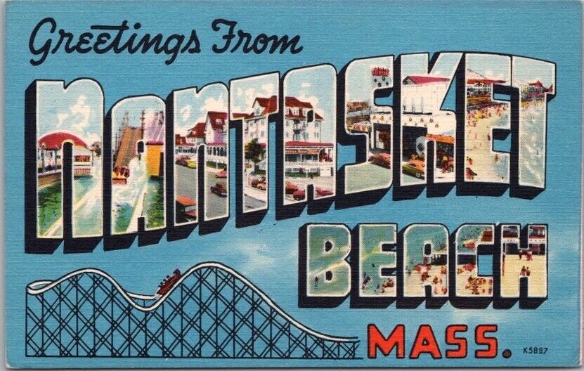 NANTASKET BEACH, Massachusetts Large Letter Postcard Roller Coaster / Linen