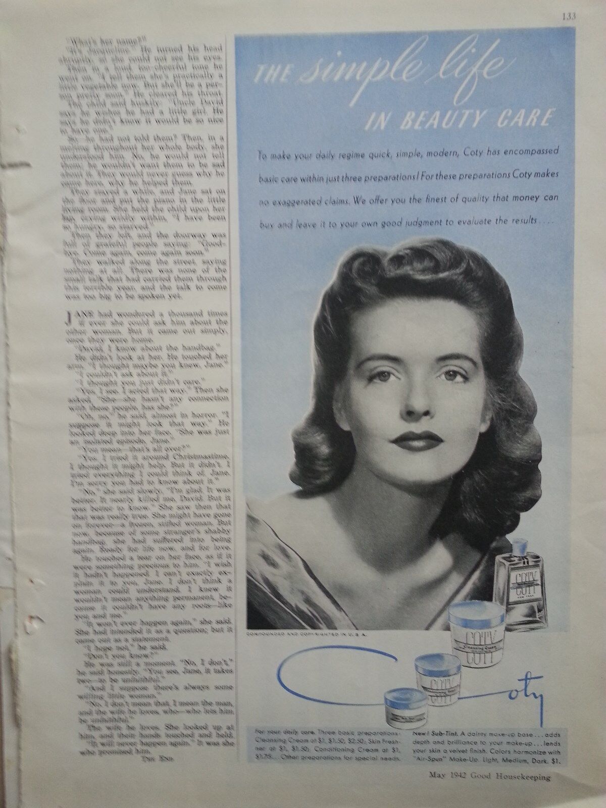 1942 Coty Cosmetics Simple Life Beauty Care Original Print Ad