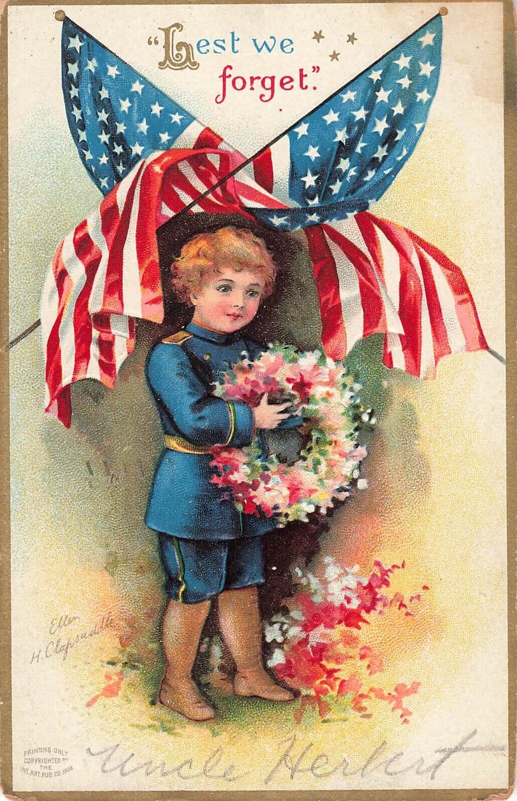 Clapsaddle Patriotic Postcard Memorial Day Soldier Boy Artist Signed PM 1909  A4