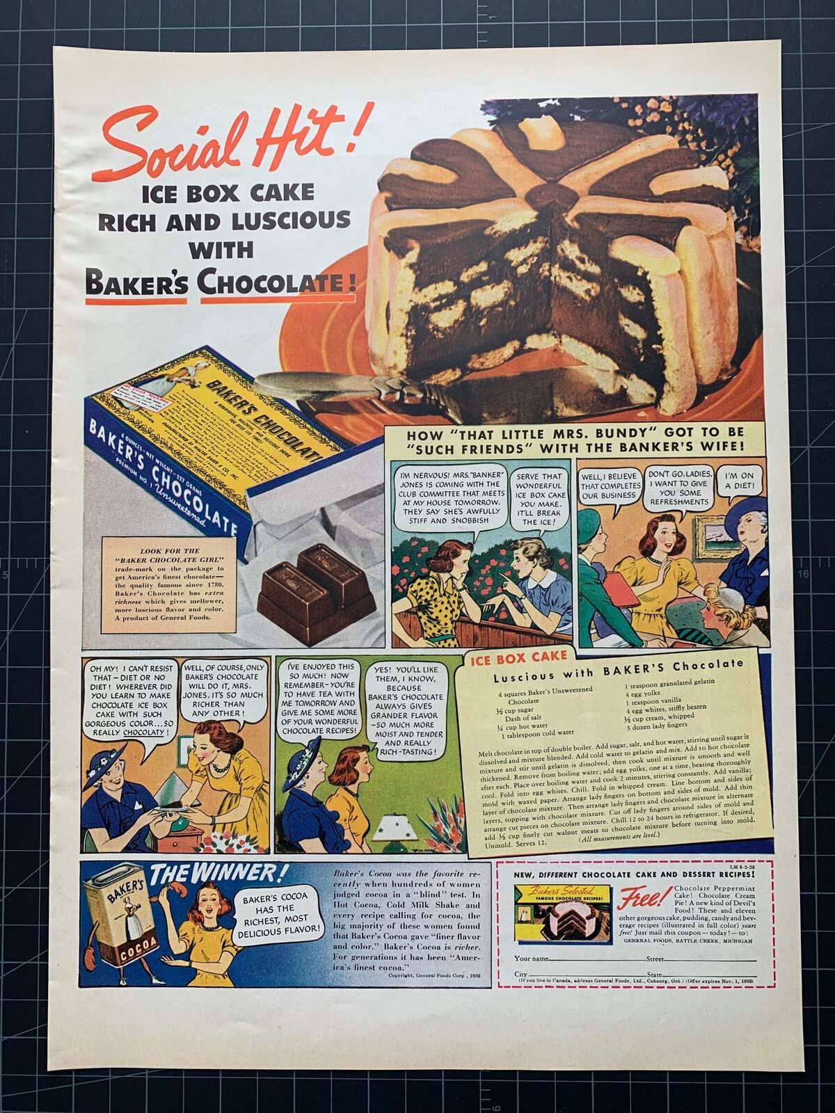 Vintage 1938 Baker’s Chocolate Print Ad