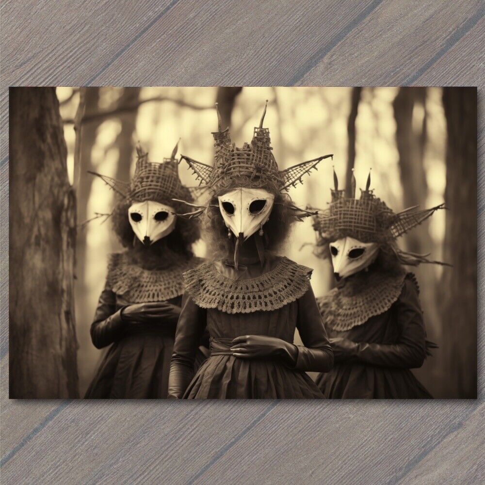 POSTCARD Weird Creepy Girls Fox Masks Cult Horns Woods Halloween Unusual