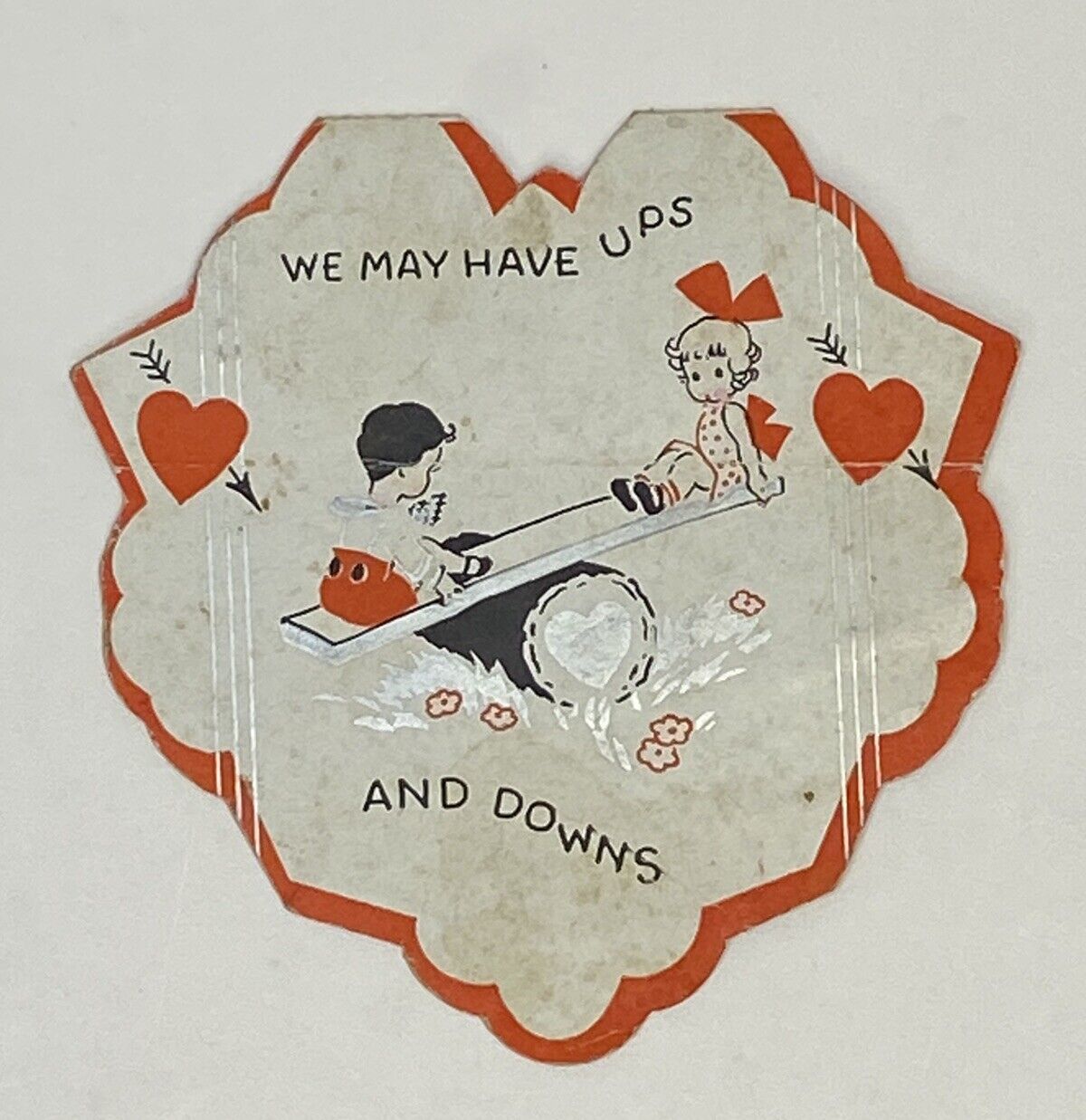 Vintage Valentine’s Day Fold Card Used Boy Girl See-Saw Ups & Down Die Cut Heart