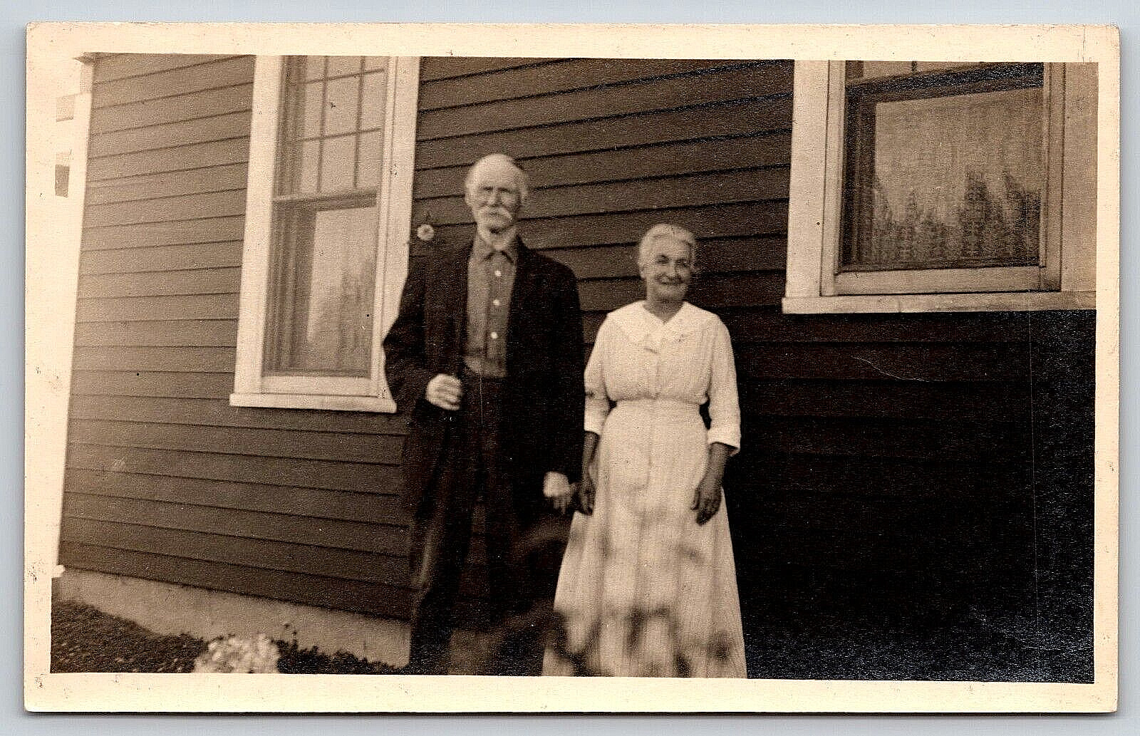 Postcard RPPC Real Photograph Elderly Man and Woman Standing By House Vintage