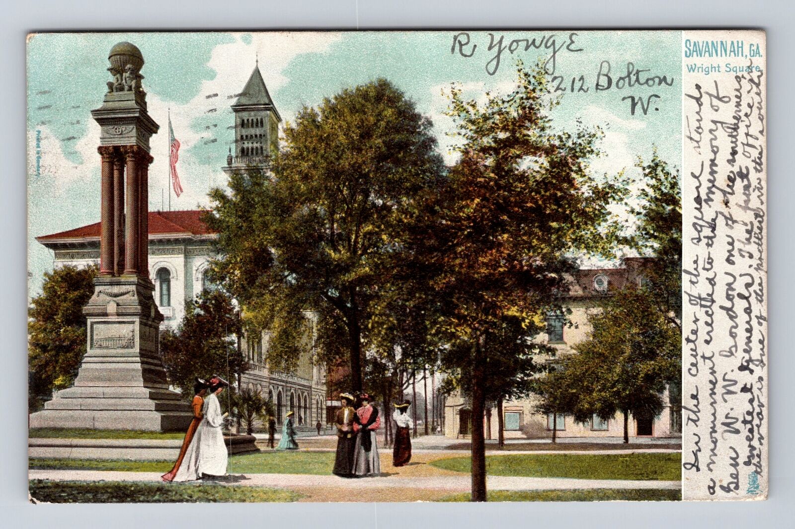 Savannah GA-Georgia, Wright Square, Monument, Ladies, Vintage c1908 Postcard