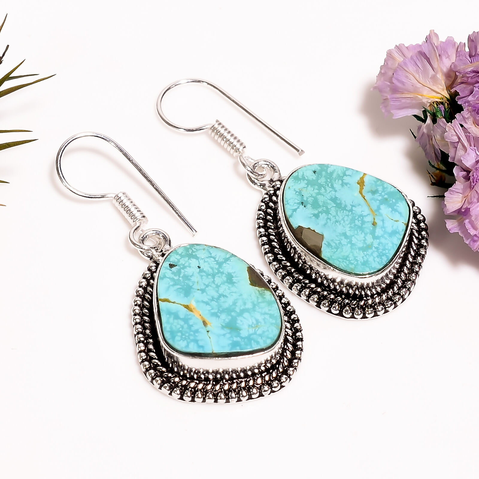 Turquoise Stone Vintage Handmade Jewelry.925 Silver Plated Earrings 1.5\
