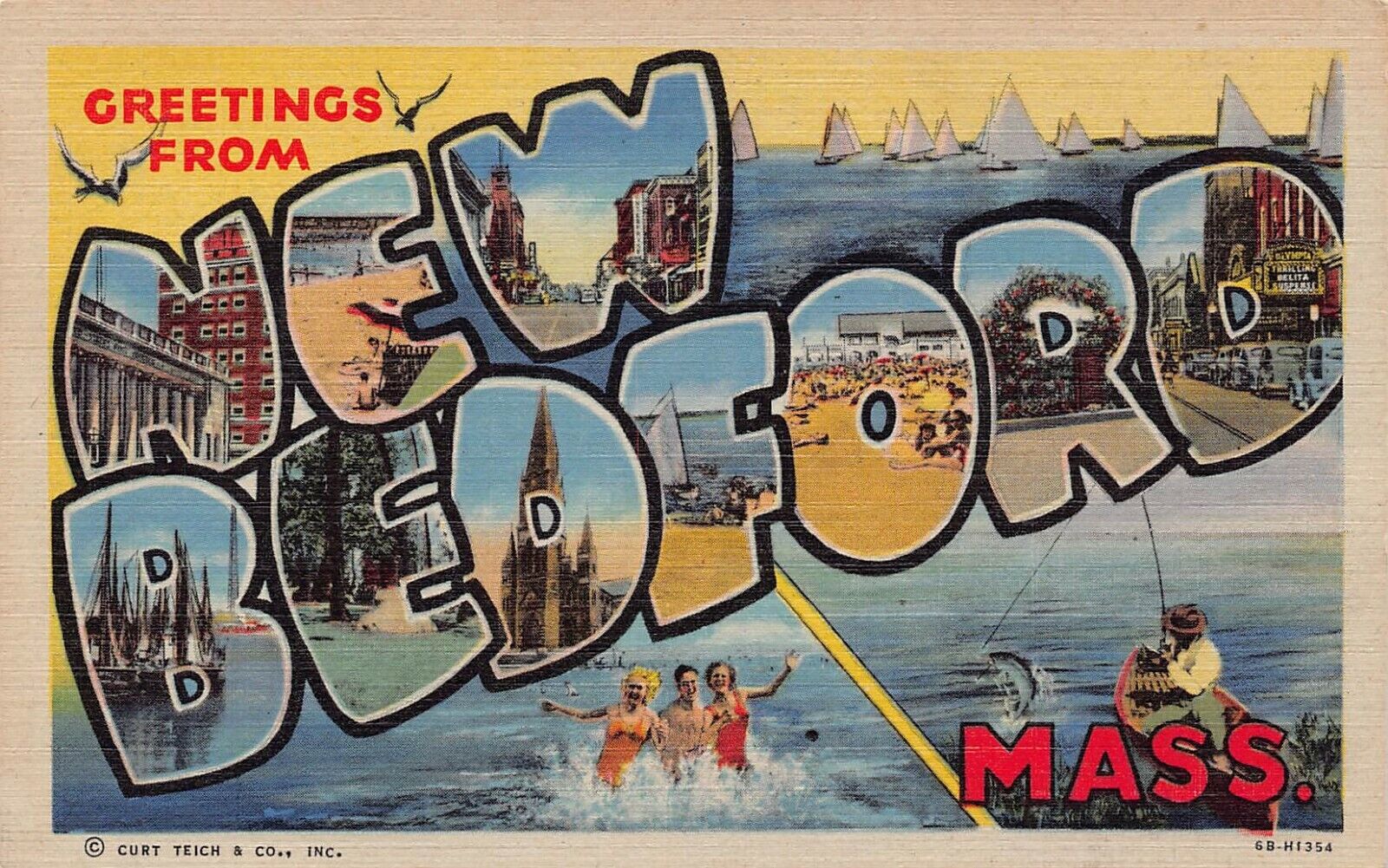 New Bedford Massachusetts MA Greetings From Large Letter Linen 6B-H1354 Postcard