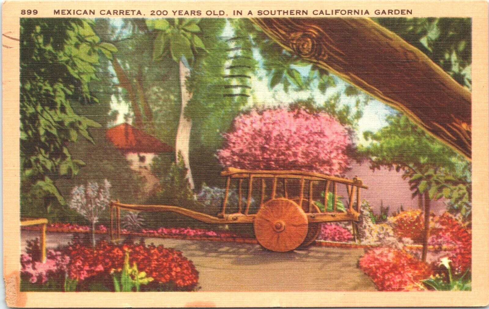 Postcard Mexican Carreta 200 Years Old In a Southern California Garden 1946
