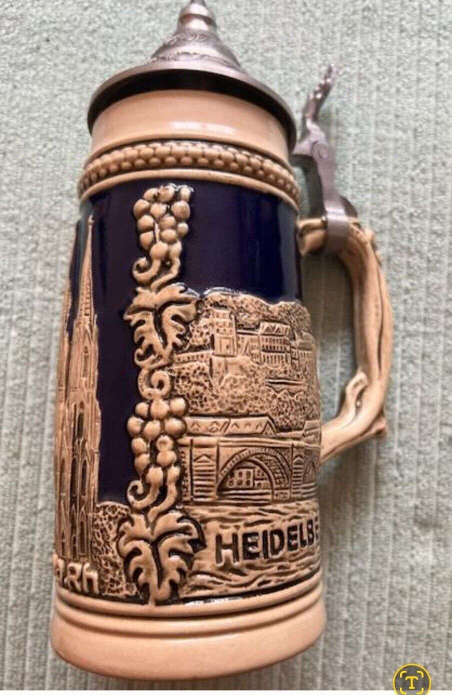 Antique 11 Inch. German Handarbeit Beer Stein. ZINN Crown.