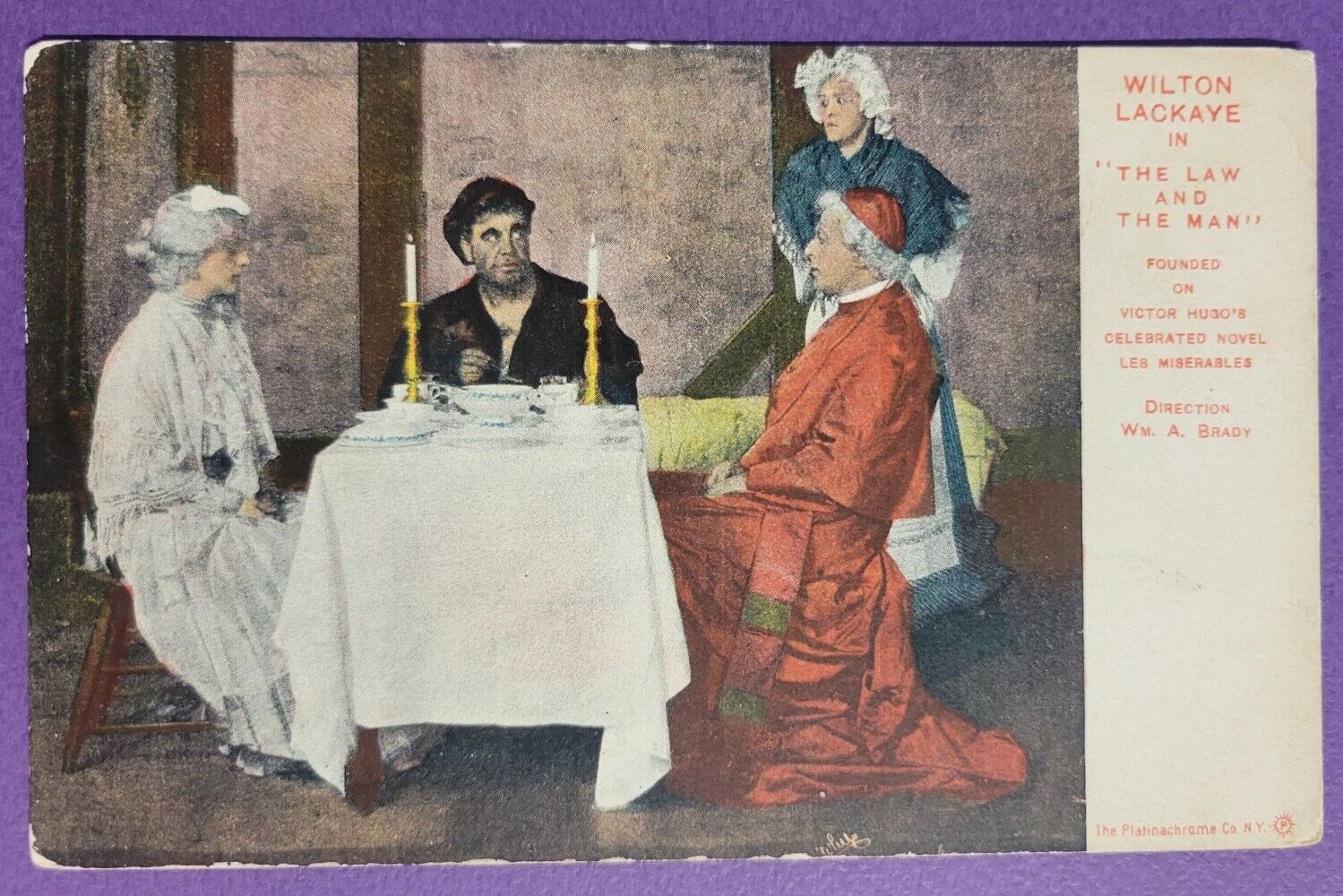 OLD POSTCARD WILTON LACKAYE IN THE LAW AND THE MAN  LES MISERABLES DINNER SCENE