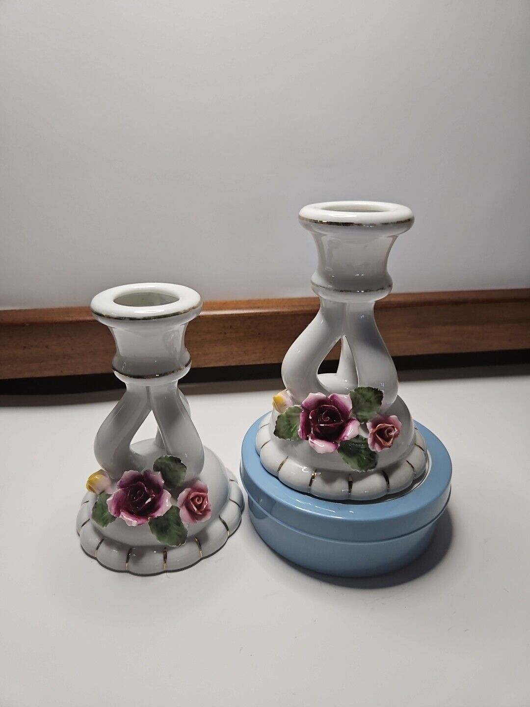 Vintage Porcelian 2 Pcs Candle Holders Made In Japan Roses