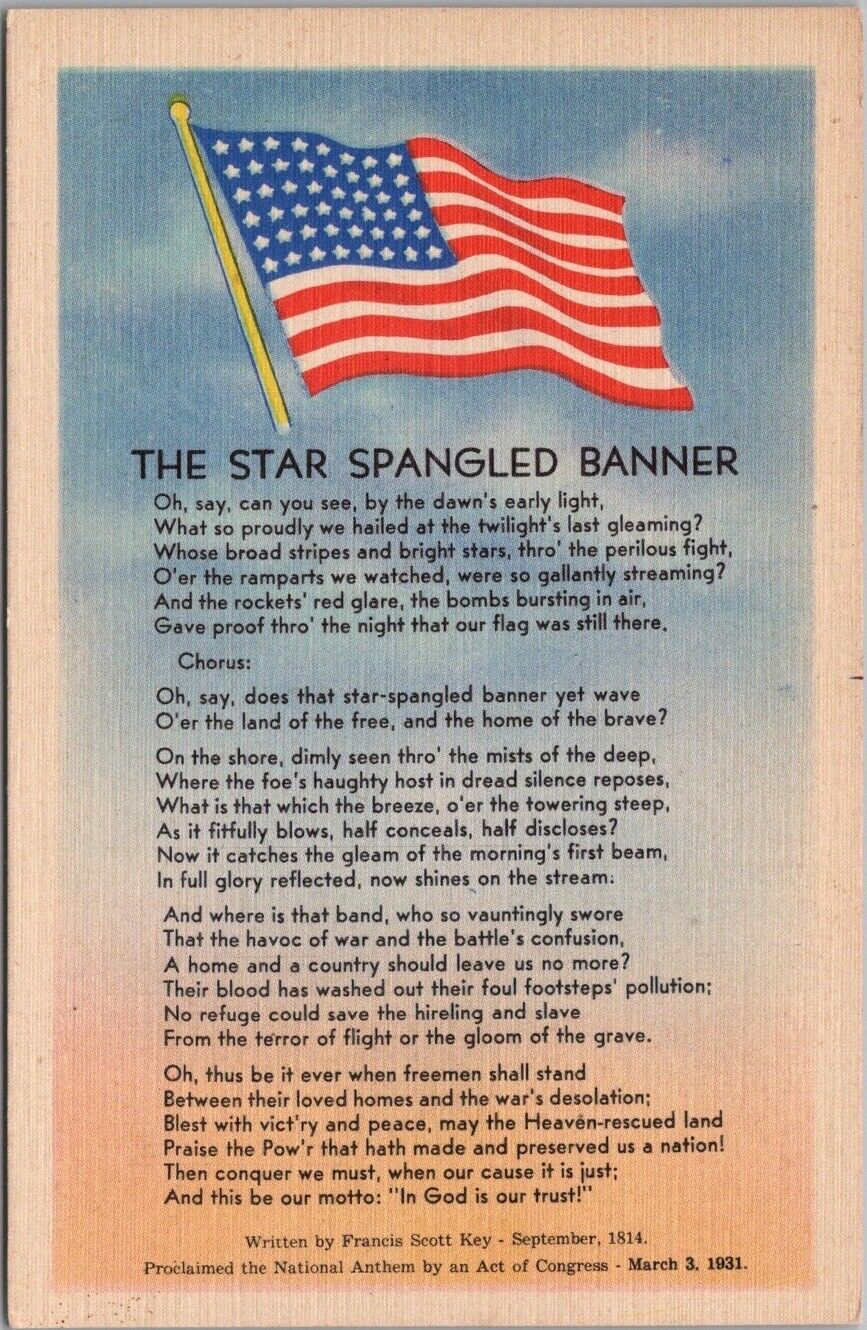 Vintage 1940s PATRIOTIC Greetings Postcard STAR SPANGLED BANNER Anthem MWM Linen