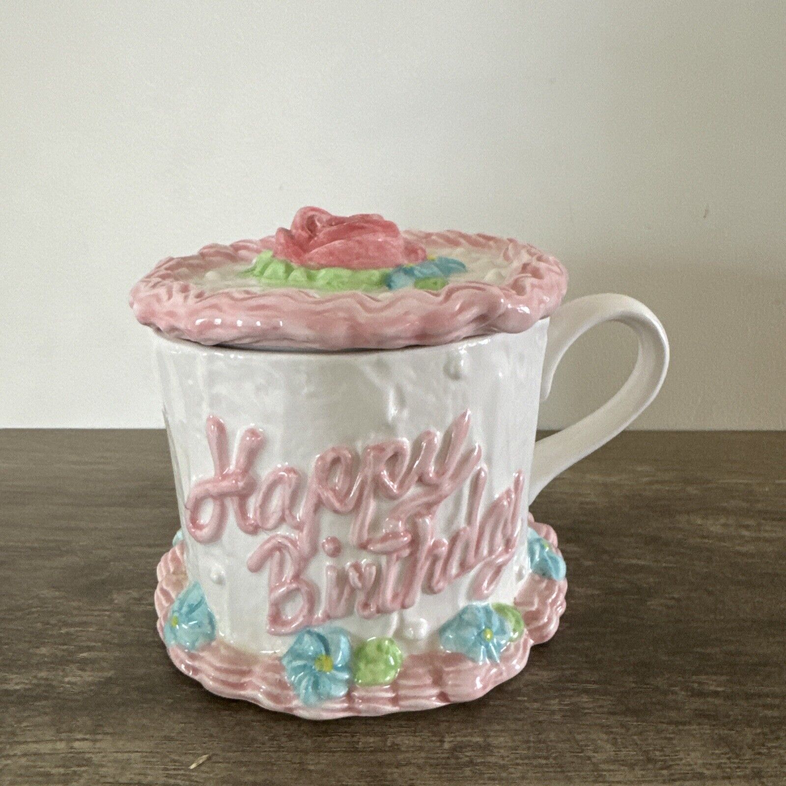 Vintage Teleflora Happy Birthday Floral Cake Mug Covered Coffee Cup