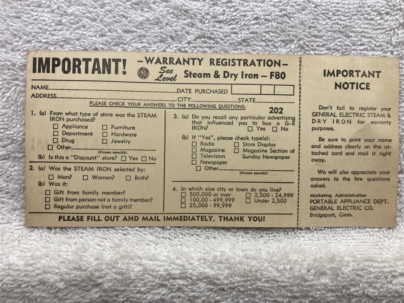 1950s 1906s General Electric Steam Dry Iron F80 Warranty Registration  Vtg
