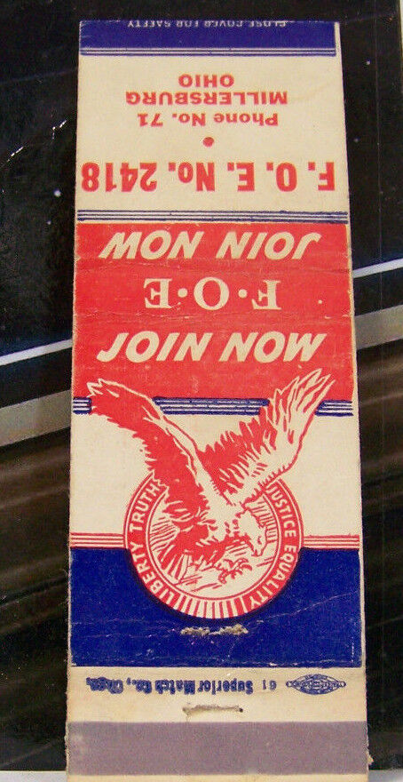   Rare Vintage Matchbook Cover B3 Millersburg Ohio FOE Eagle Bird Justice Libert