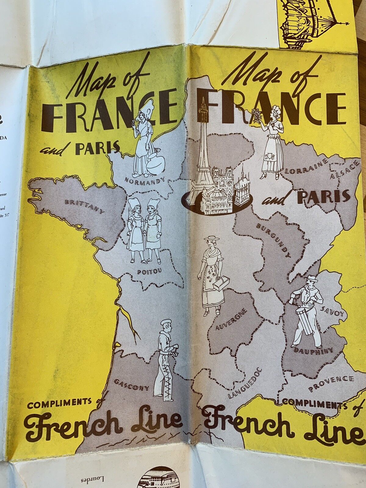 Antique c. 1930s French Line Trans-Atlantic Cruise Ship Tourist Map of France