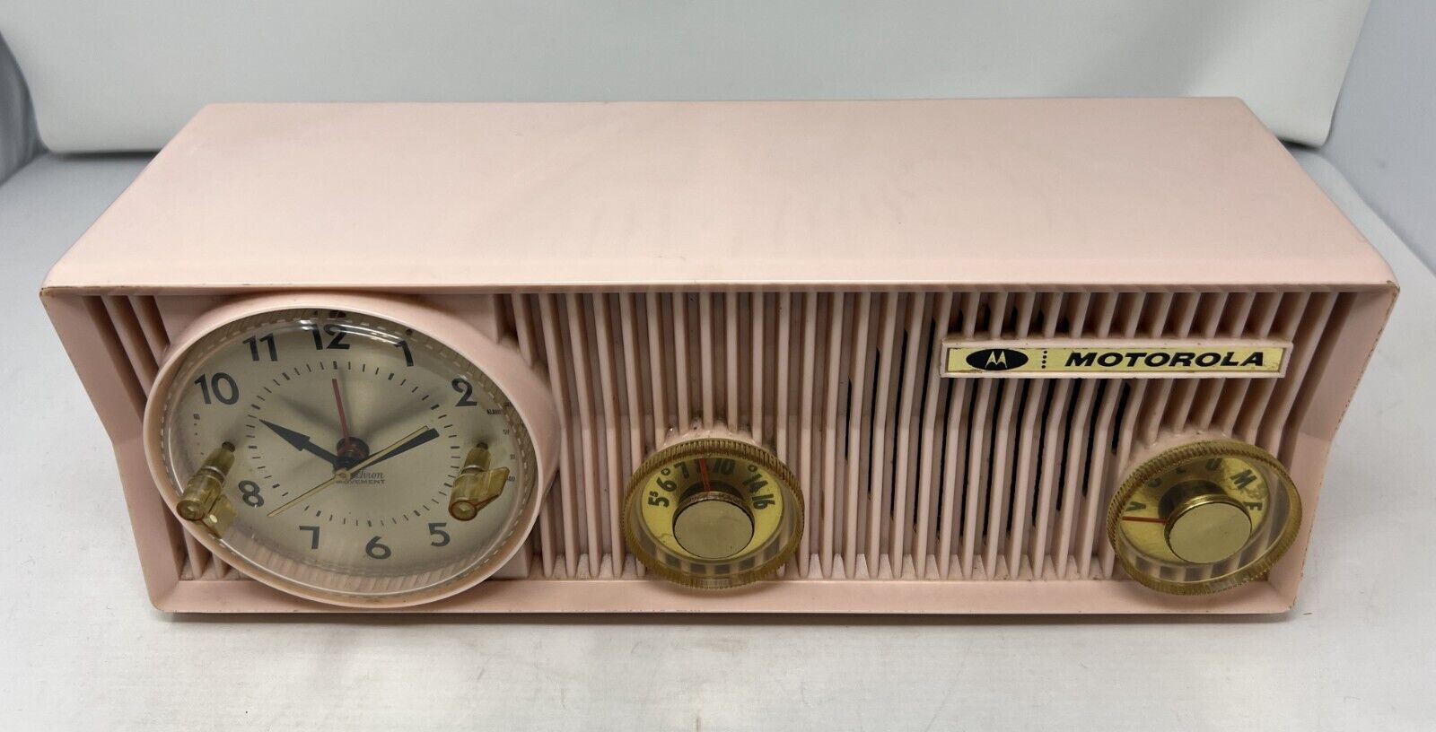 1957 Pink Motorola Tube-Type AM Clock/Radio; works See Video-Thick Urea Case