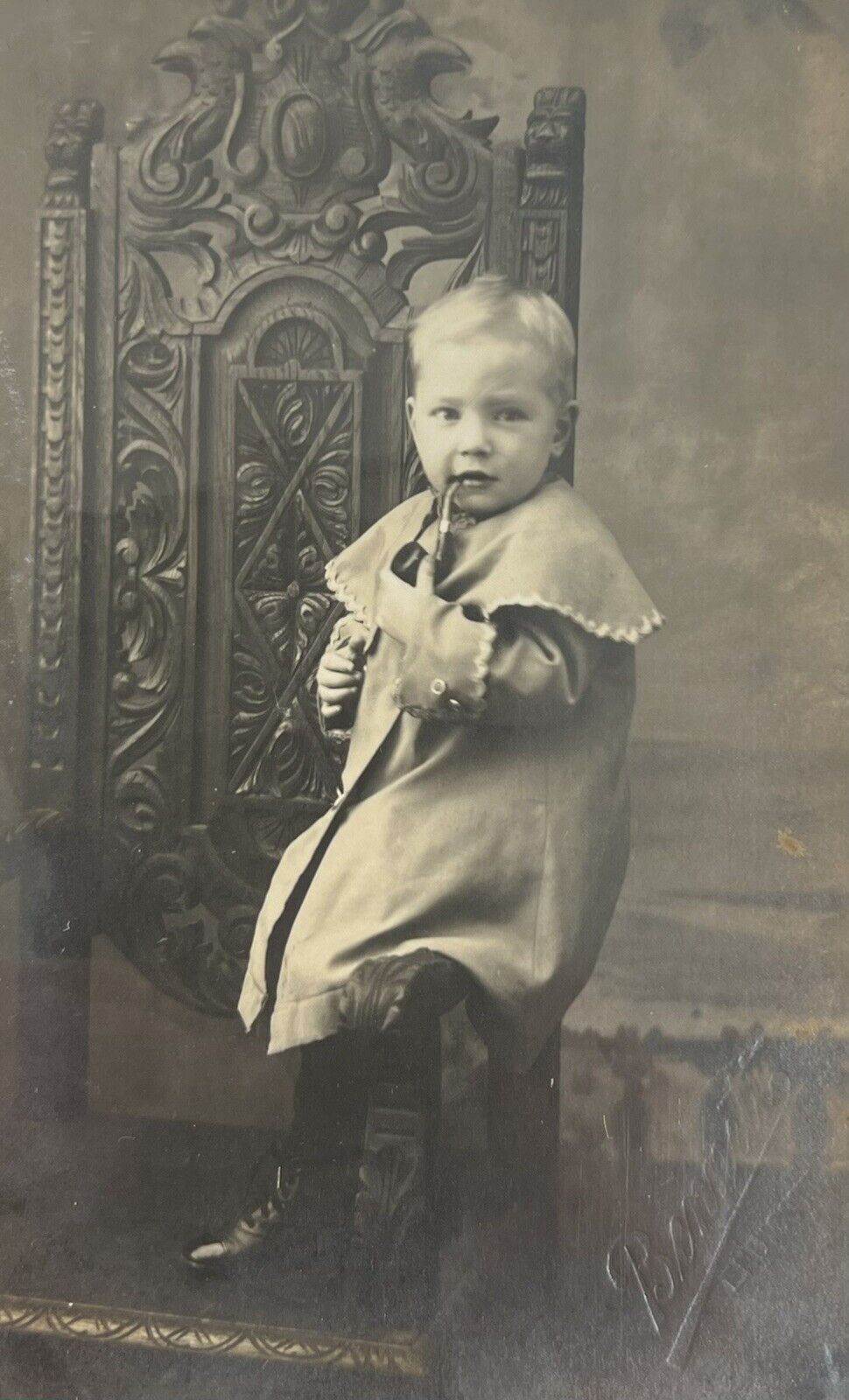 Little Boy In costume￼ with a Smoking Pipe Vintage RPPC Bennett￼