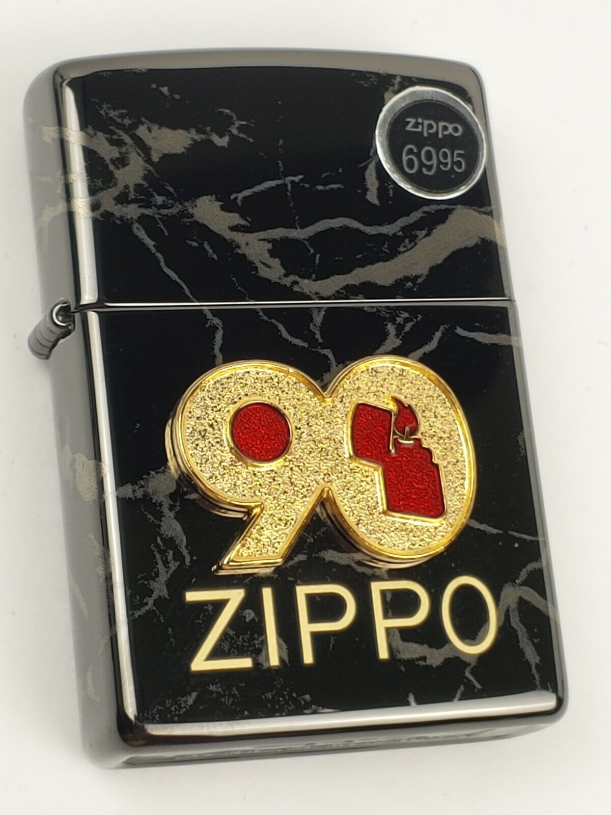 ZIPPO 49864 90th ANNIVERSARY Emblem HIGH POLISH BLACK MARBLE Lighter 1932-2022