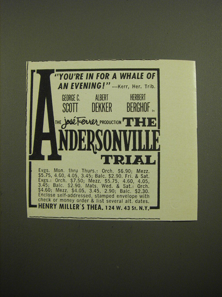 1960 The Andersonville Trial Plays Ad - You\'re in for a whale of an evening