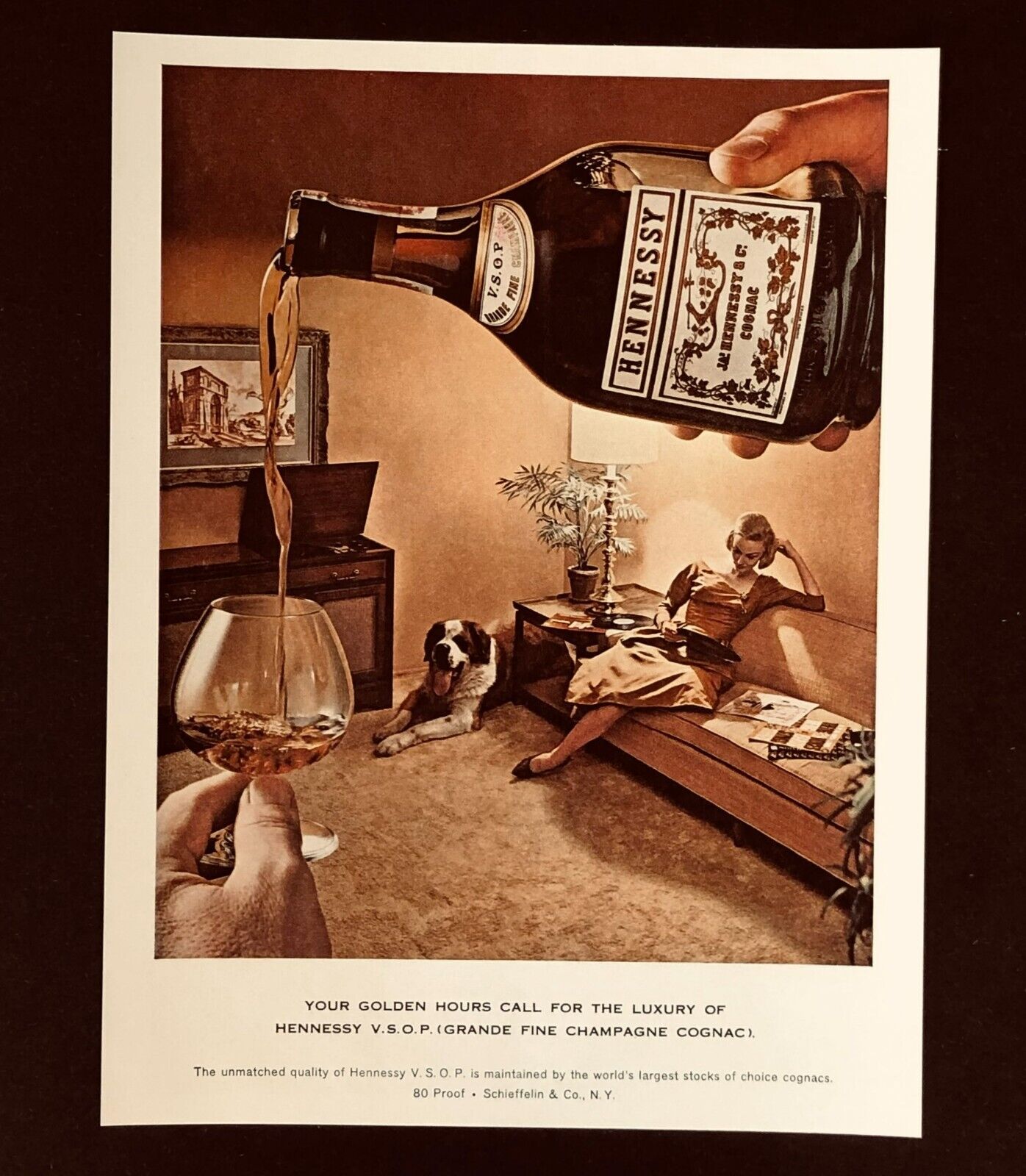 1960 Hennessy Cognac Advertisement St Bernard Dog Mid Century Vintage Print AD
