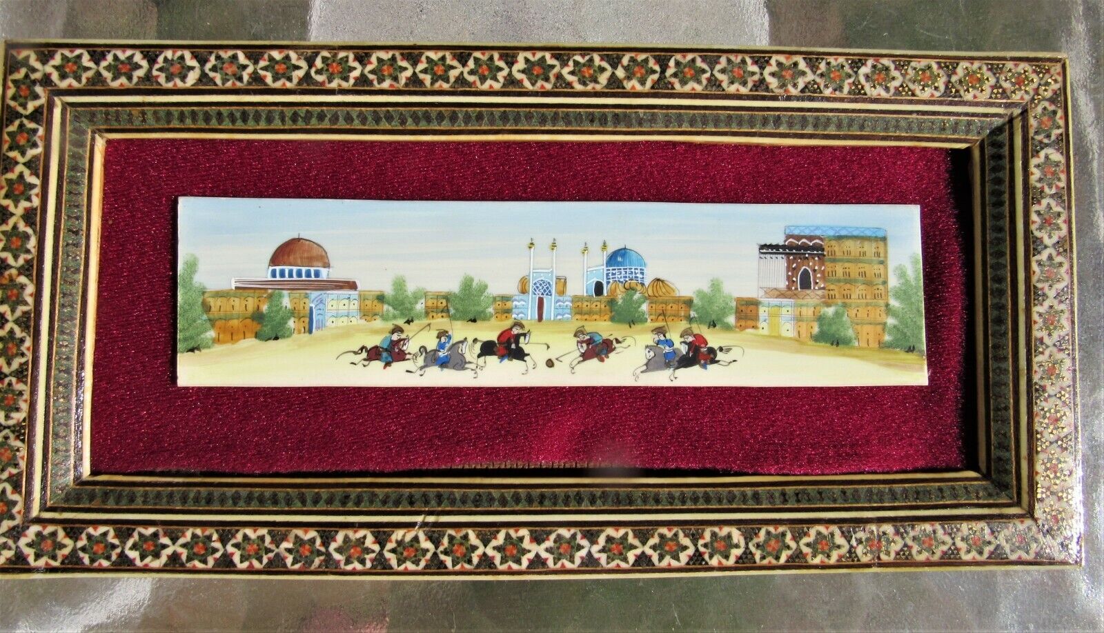 Fine Persian Antique Painting On Bone Polo Game Islamic Middle Eastern Framed