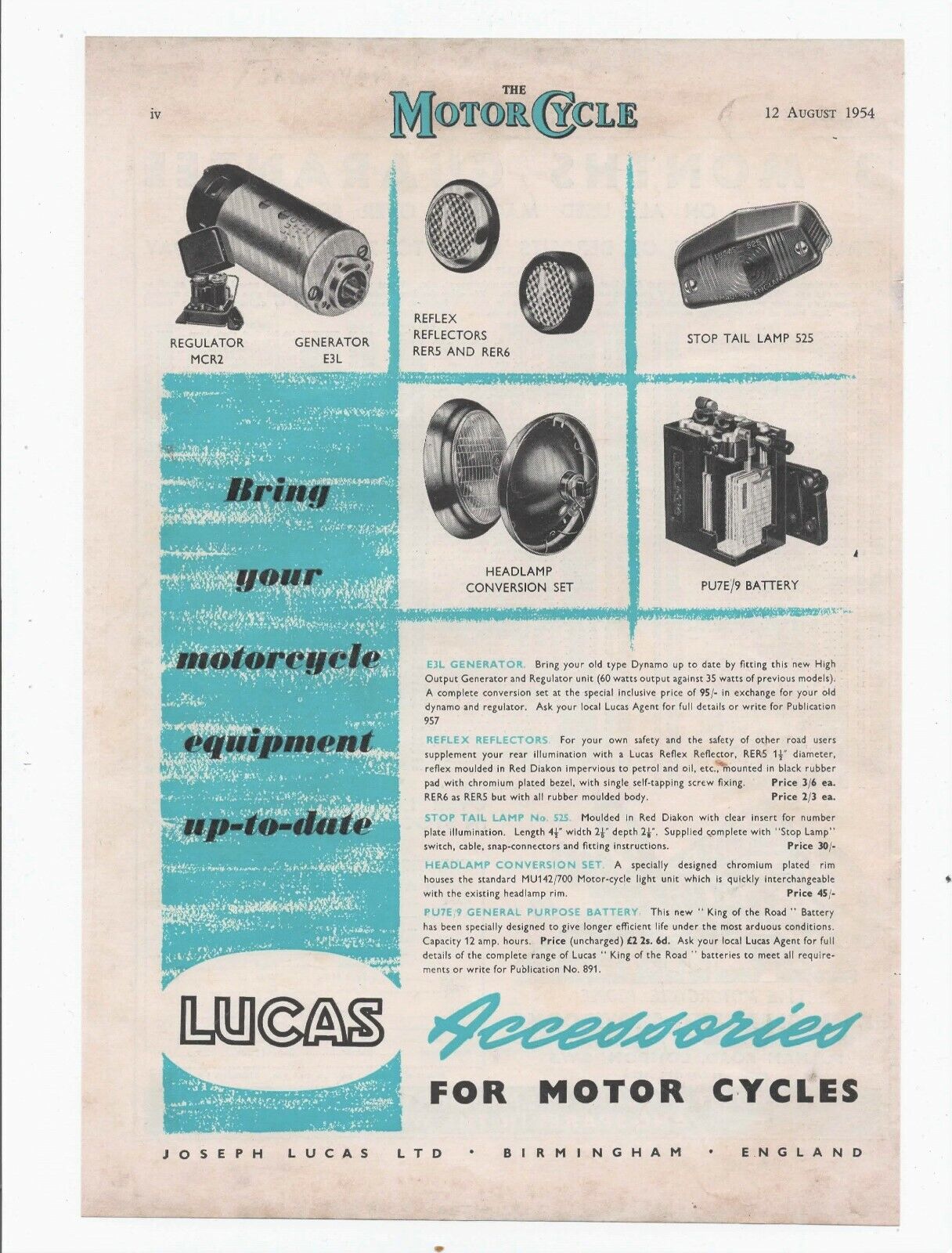 1954 Print advert LUCAS MOTORCYCLE ACCESSORIES + Claude Rye Motorcycles