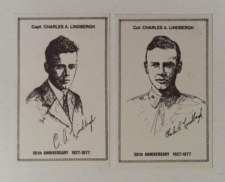 1977 CHARLES A. LINDBERGH 1927-1977 AUTOGRAPH SERIES POSTCARDS #2 & #3 UNMAILED