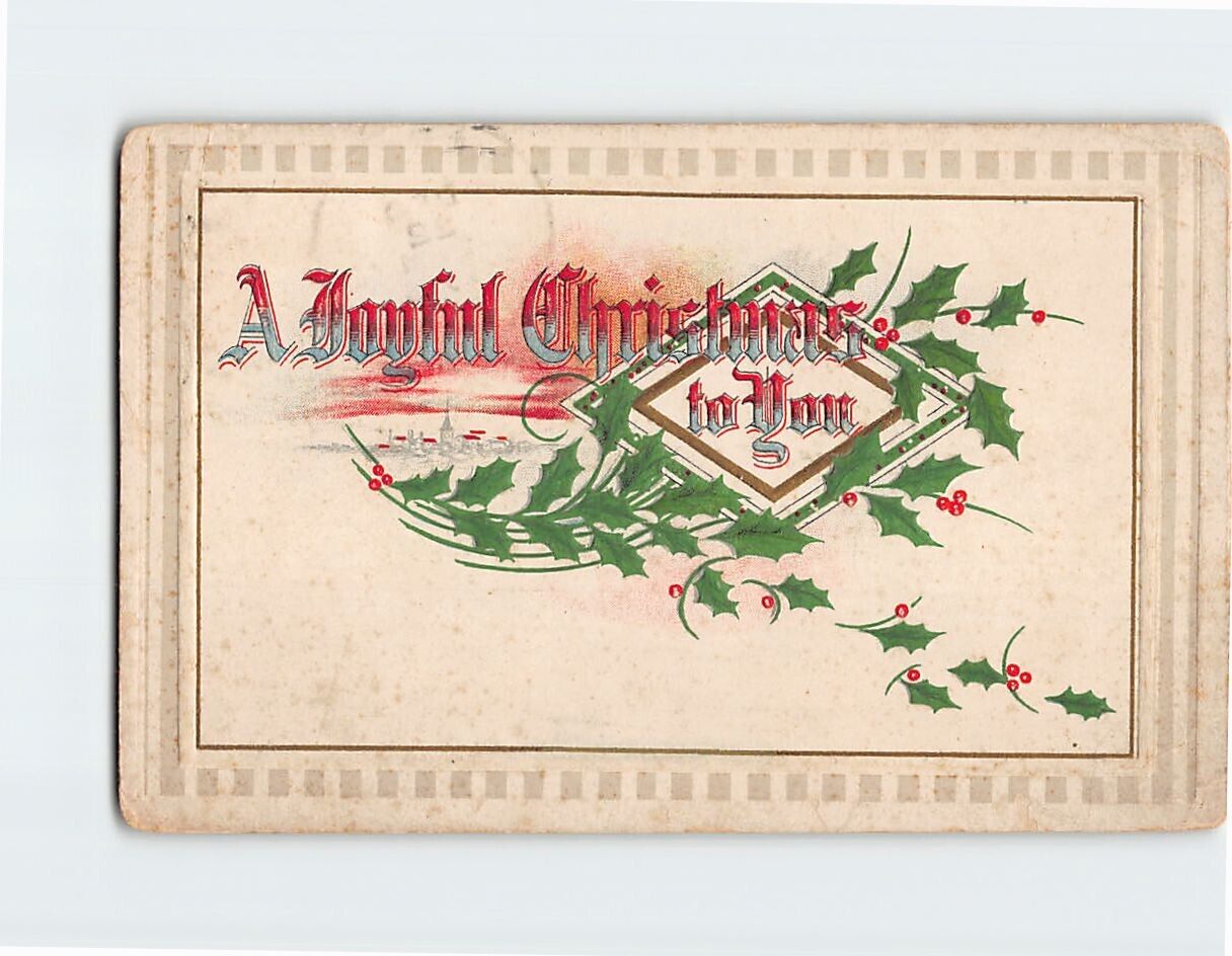 Postcard A Joyful Christmas to You with Hollies Embossed Art Print