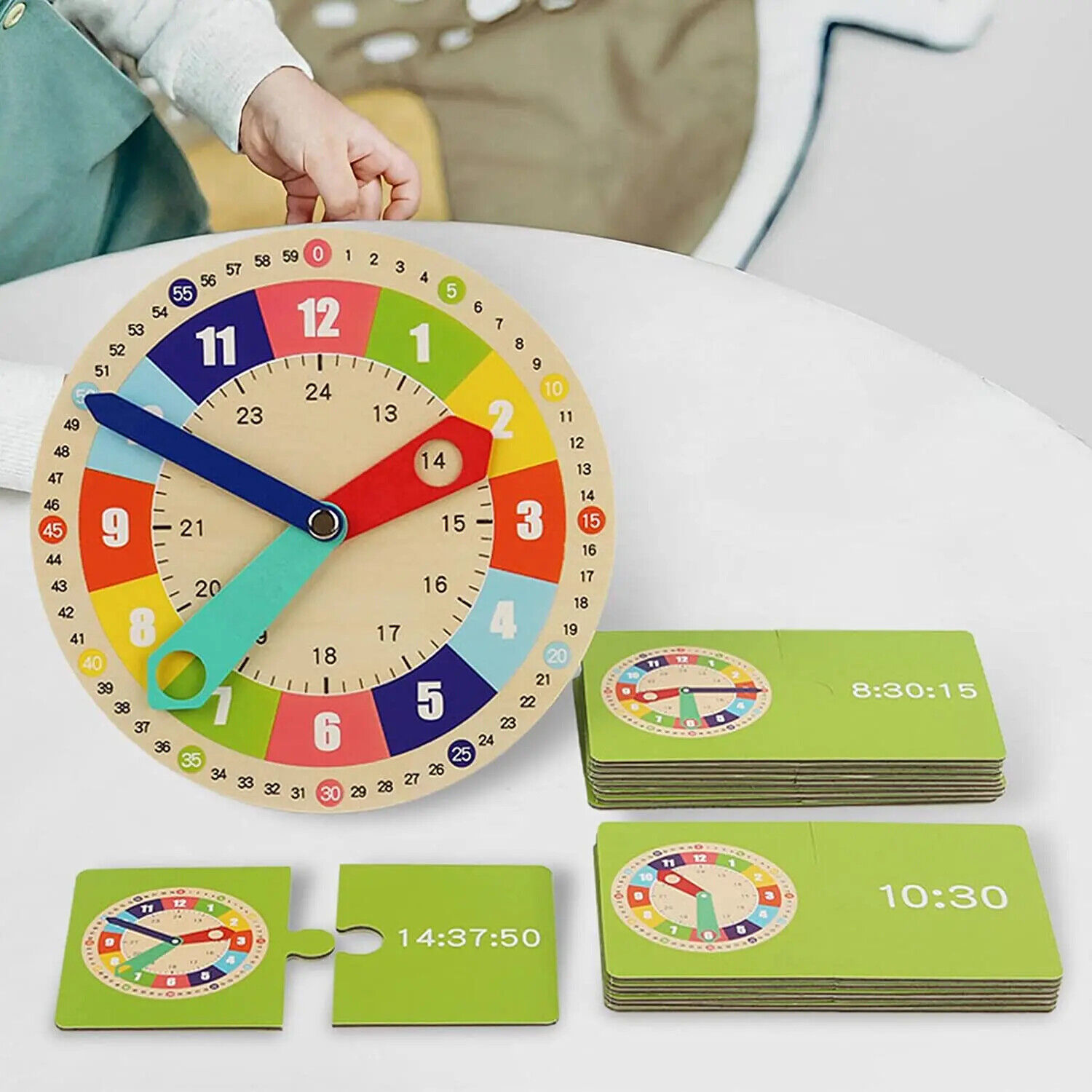 Wooden Clock Model Teaching Aid,Montessori Learning Clocks with Cards,Kindergart