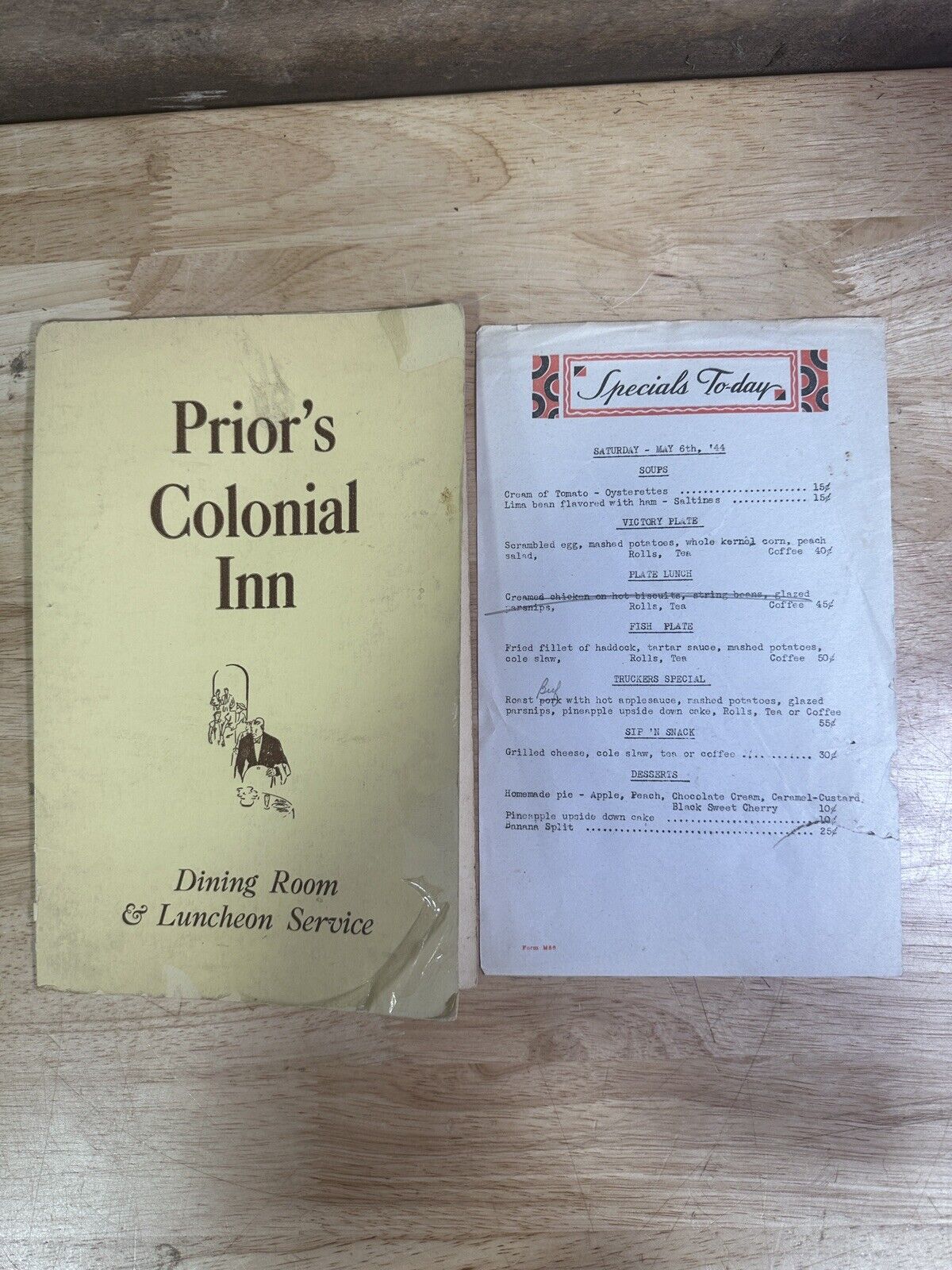 Vintage 1944 Prior’s Colonial Inn Dining Room Menu With Specials Paper May 6