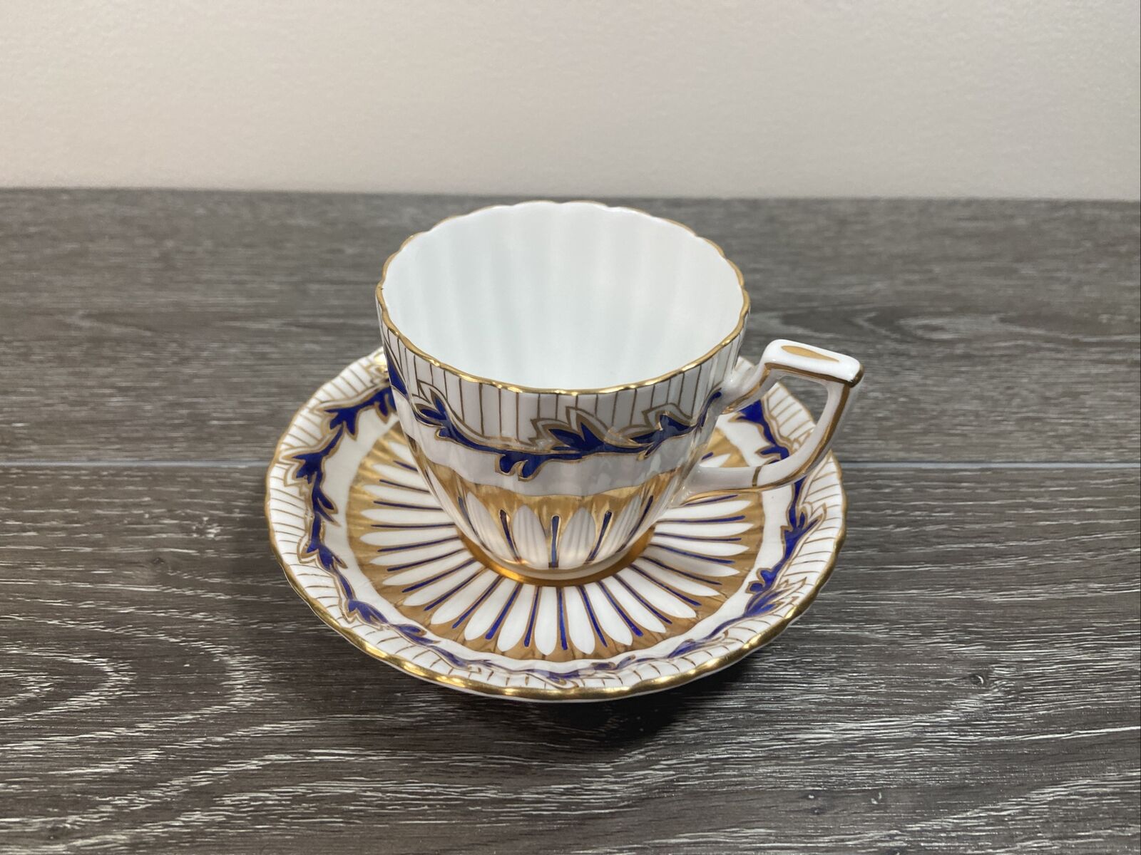Vintage Royal Chelsea English Bone China Blue & Gold Ribbed Teacup Cup & Saucer
