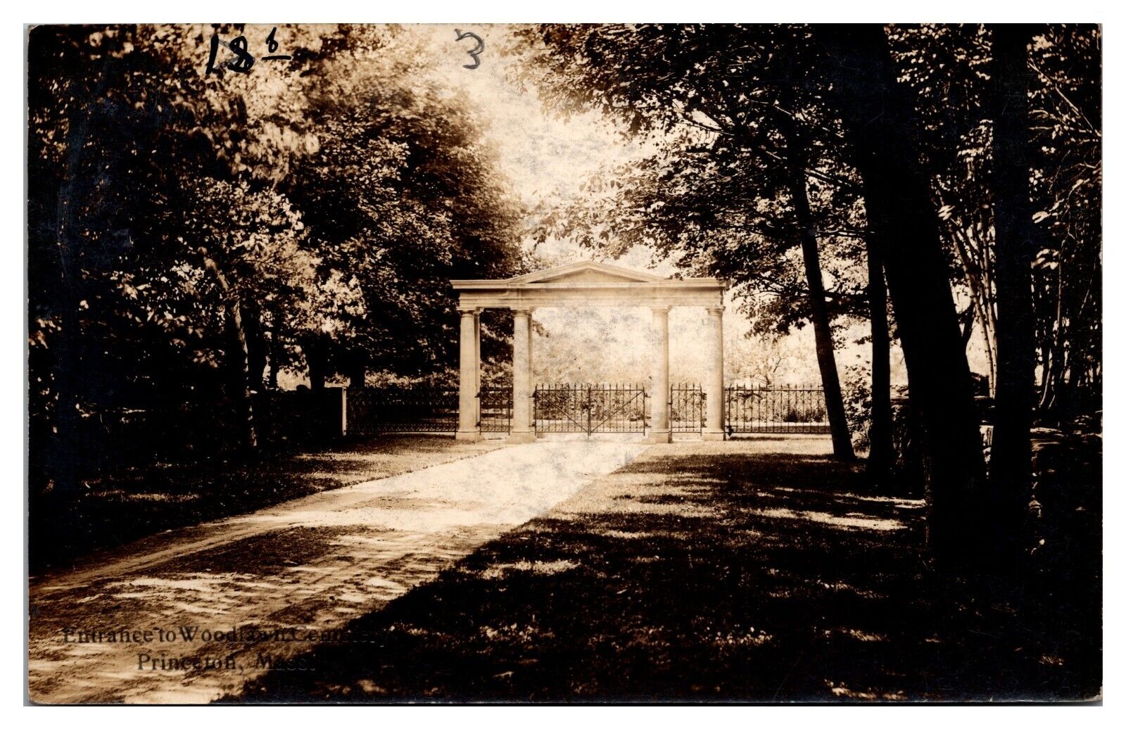 RPPC Entrance to Woodlawn Cemetery, c. 1904-1918, Princeton, Massachusetts