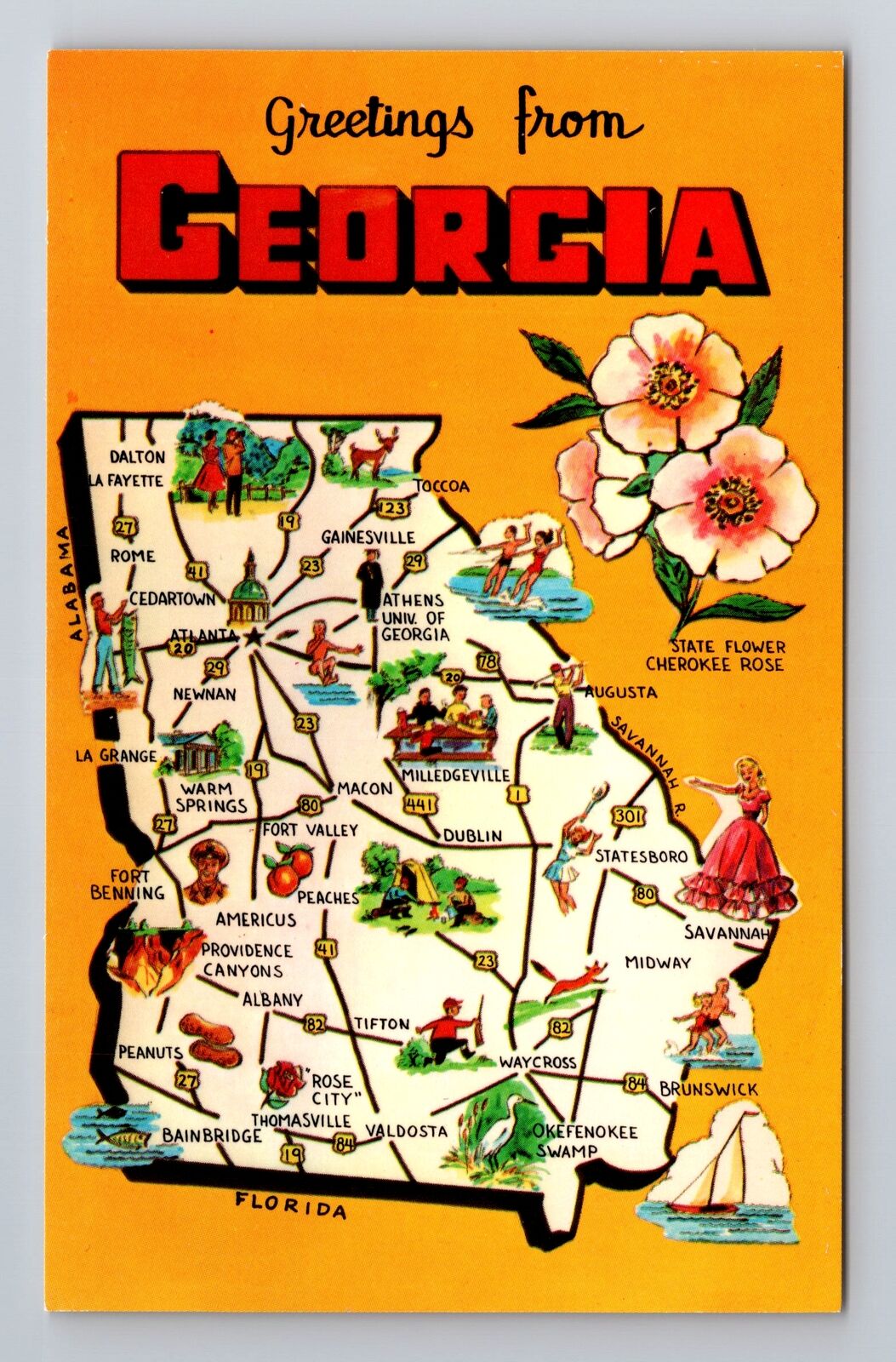 GA-Georgia, General Greetings, State Map, Points of Interest, Vintage Postcard