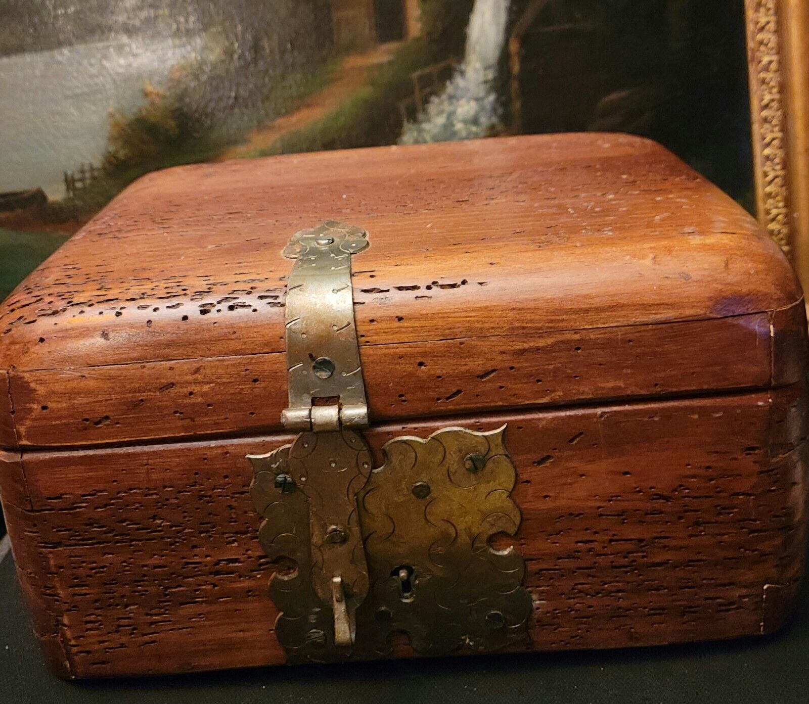 Antique Wooden Box With Brass Hasp Rounded Corners.